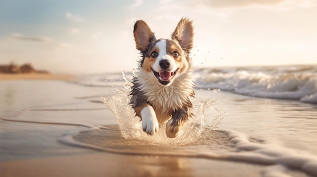 Un perro corre por el agua en una playa.