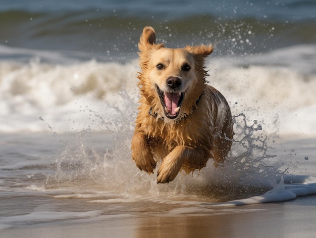 Un perro corre por el agua en una playa.