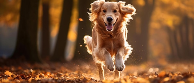 un perro corre en el bosque de otoño