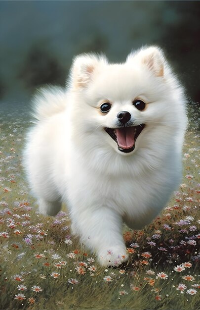 Foto un perro corre por un campo de flores.