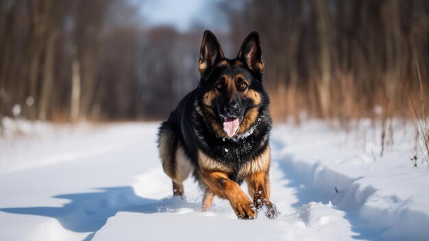 Un perro corre por la nieve con la palabra alemán en el frente.
