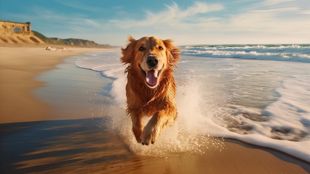 Un perro corre en la playa.