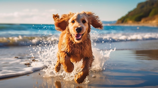 Un perro corre en la playa.