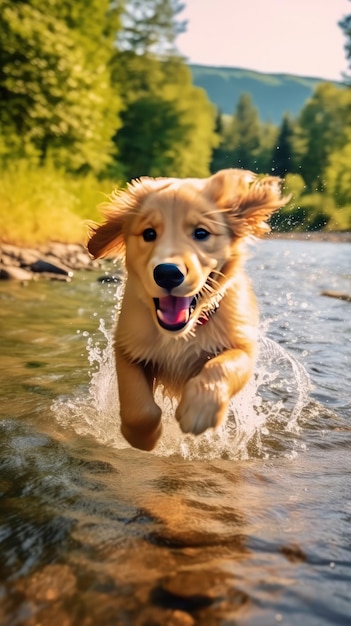 Un perro corre por un río con la palabra dorado.