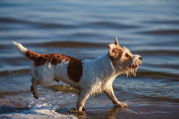 El perro corre sobre el agua Jack Russell Terrier húmedo de pelo duro en la orilla del mar Puesta de sol