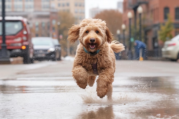 Un perro corre a través de un charco de agua.