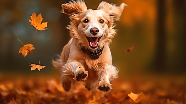 Un perro corre a través de las hojas en otoño.