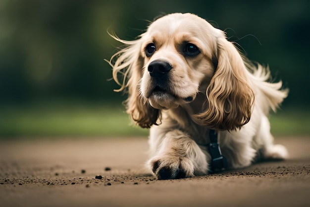 Un perro con correa camina por la carretera.