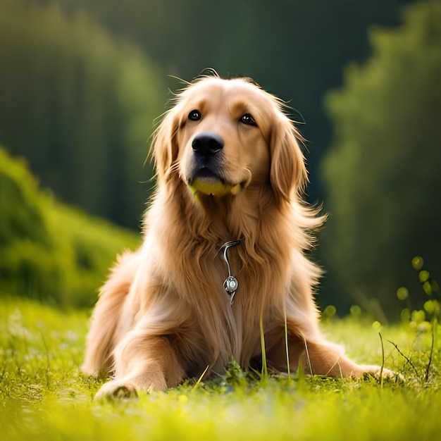 Un perro con una correa que dice "golden retriever"