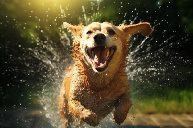 Un perro corriendo en el agua con la boca abierta.