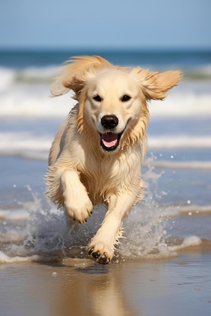 un perro corriendo en el agua con las palabras perro en la parte inferior