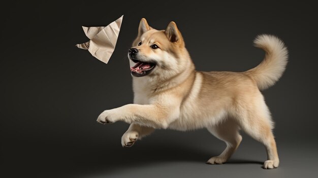 Perro corriendo con un avión de papel en la boca