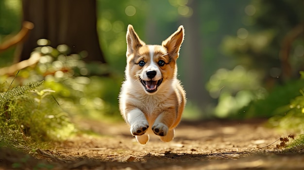 un perro corriendo por el bosque con la boca abierta.