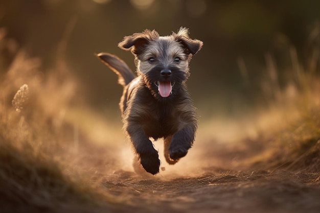 Un perro corriendo por un camino de tierra con la lengua fuera