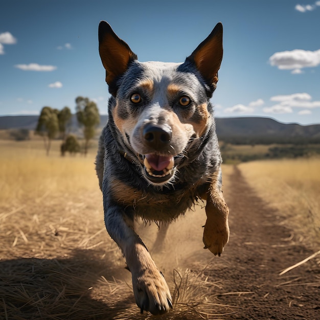 Un perro corriendo por un camino de tierra con la palabra ganado.