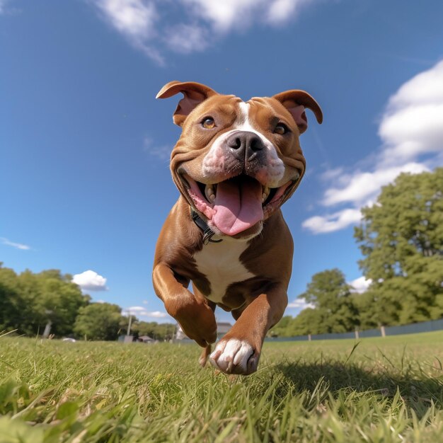 Un perro corriendo en un campo con un cielo azul detrás de él.