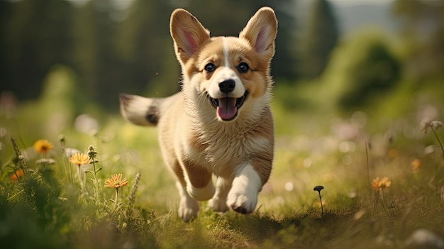 un perro corriendo en un campo con una flor al fondo.