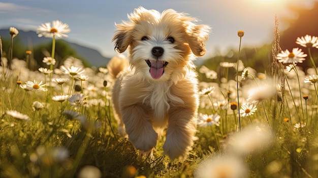 un perro corriendo en un campo de flores con el sol detrás de él.