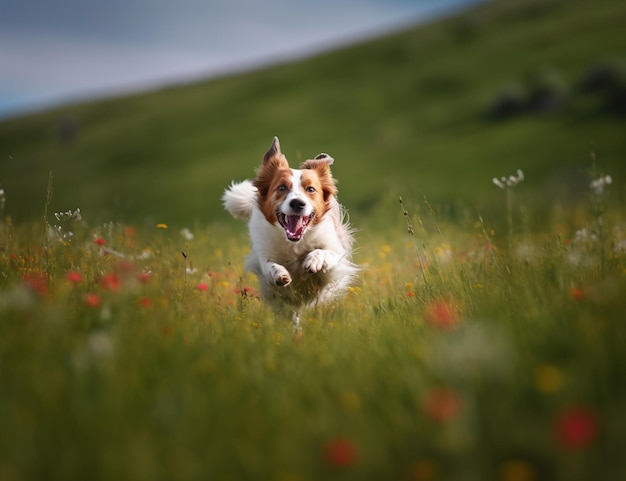 Un perro corriendo por un campo de flores.