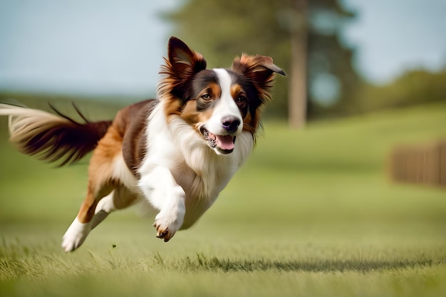 Un perro corriendo en un campo con un fondo borroso.