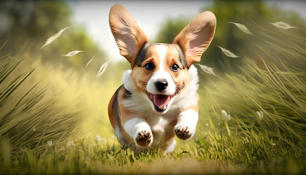 Un perro corriendo en un campo con una foto de un perro corgi