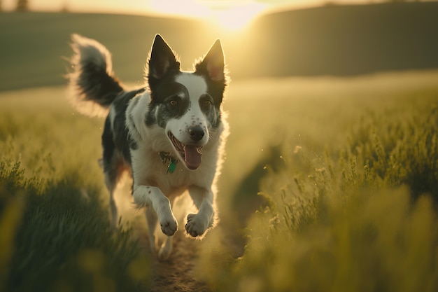 Un perro corriendo en un campo con el sol detrás de él.