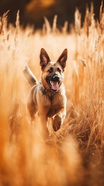 Un perro corriendo por un campo de trigo