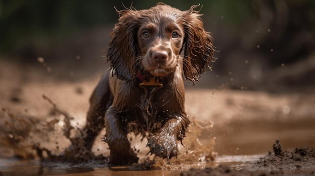 Un perro corriendo por un charco fangoso