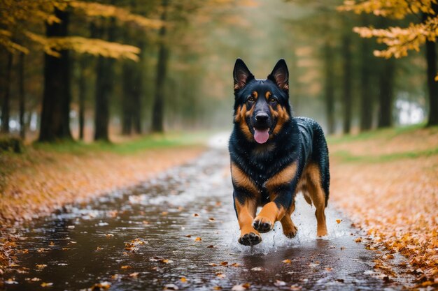 Un perro corriendo en un charco con la palabra alemán