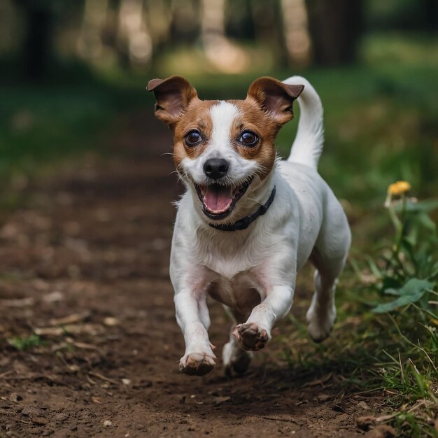 Foto perro corriendo feliz hacia la cámara saltando terrier russel parson lindo perro alegre