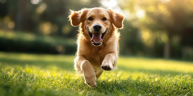 un perro corriendo en la hierba con la boca abierta