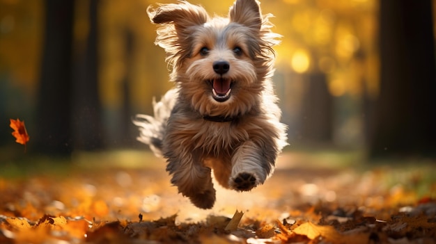 Foto un perro corriendo en las hojas de otoño