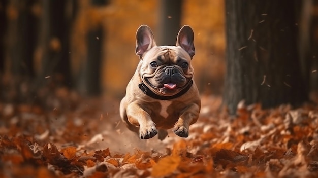 Un perro corriendo entre las hojas en otoño.