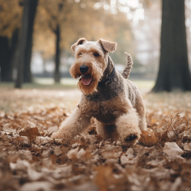 Un perro corriendo entre hojas en un parque.