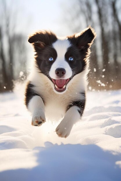 Foto un perro está corriendo en la nieve con los ojos azules