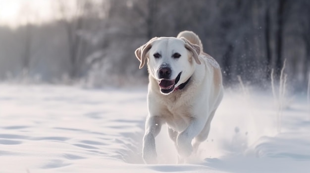 Un perro corriendo en la nieve.