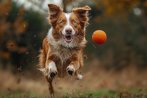 Foto un perro está corriendo con una pelota en el aire