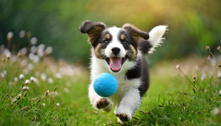 un perro corriendo con una pelota azul en la boca