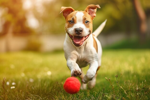 Un perro corriendo con una pelota roja en el césped