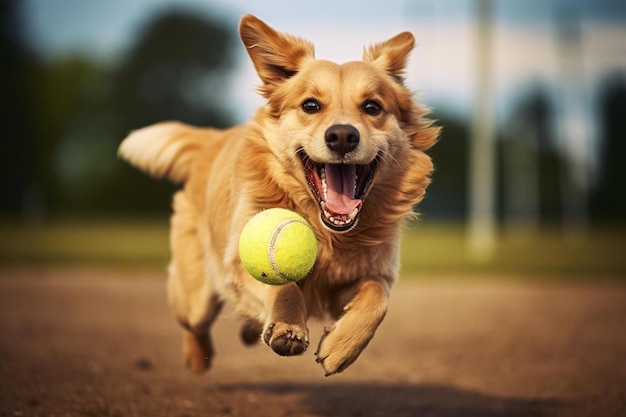 Un perro corriendo con una pelota de tenis en la boca.