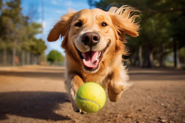 Un perro corriendo con una pelota de tenis en la boca.