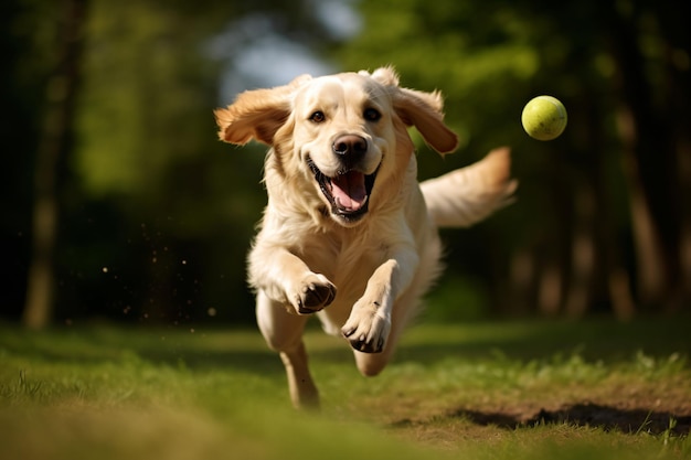 un perro corriendo con una pelota de tenis en la boca