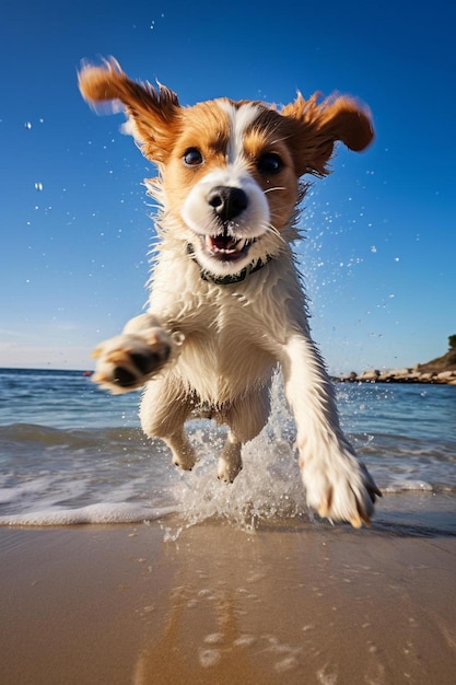 Un perro corriendo en la playa con el mar de fondo