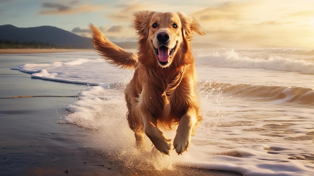 Un perro corriendo en la playa con el sol detrás