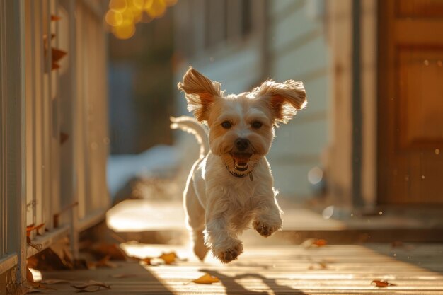 Perro corriendo en un porche delantero soleado IA generativa