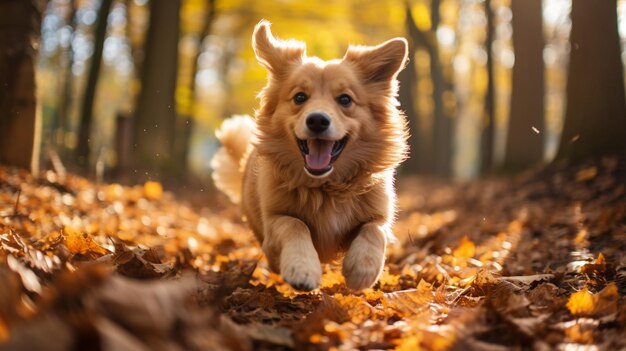 un perro corriendo a través de algunas hojas en el bosque