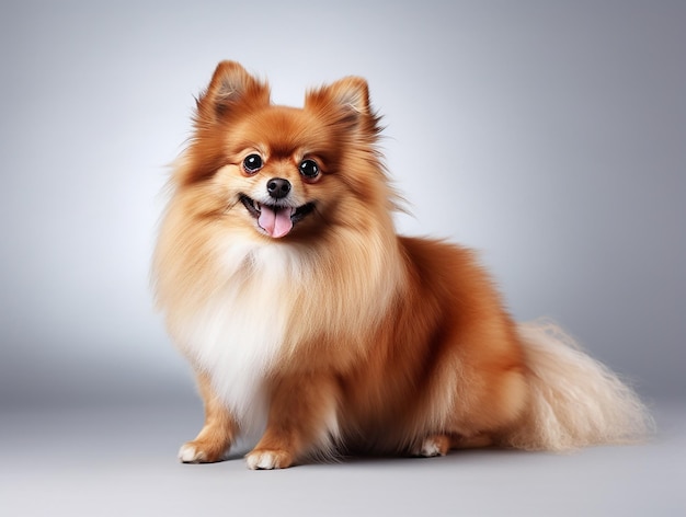 Foto un perro con un corte de pelo largo sentado sobre un fondo gris.