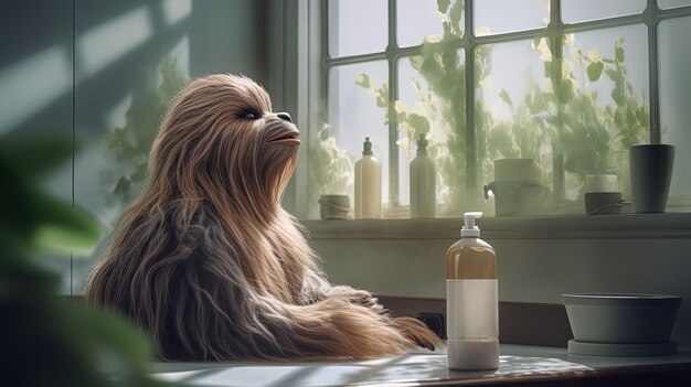 un perro con un corte de pelo largo se sienta en una mesa junto a una ventana