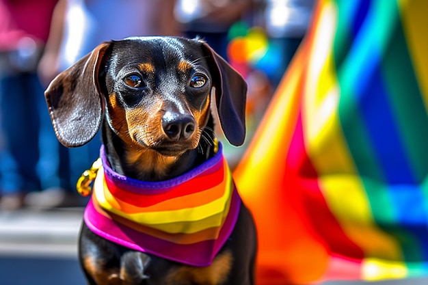 Perro cubierto con la bandera del arcoíris en el evento Baltic Pride Generado por IA