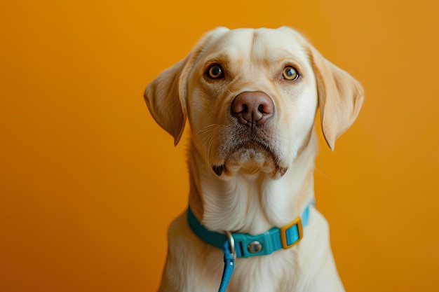 Un perro con un cuello azul y un fondo amarillo está mirando a la cámara con una mirada triste en su